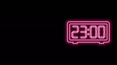 Parlayan neon hattı dijital alarm saati simgesi siyah arkaplanda izole edildi. Elektronik çalar saat. Zaman simgesi. 4K Video hareketli grafik canlandırması