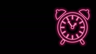 Parlayan neon hattı alarm saati simgesi siyah arkaplanda izole edildi. Uyan, kalk konsepti. Zaman işareti. 4K Video hareketli grafik canlandırması
