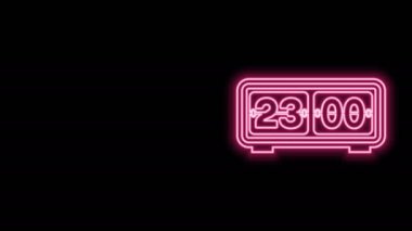 Parlayan neon hattı Retro saat simgesi siyah arkaplanda izole edildi. Duvar kapağı saati, sayı sayacı şablonu, tüm basamaklar takla. 4K Video hareketli grafik canlandırması