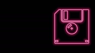 Siyah arkaplanda izole edilmiş bilgisayar veri depolama simgesi için parlayan neon hattı Disket. Disket işareti. 4K Video hareketli grafik canlandırması