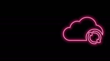 Parlayan neon hattı Bulut senkron yenileme simgesi siyah arkaplanda izole edildi. Bulut ve oklar. 4K Video hareketli grafik canlandırması