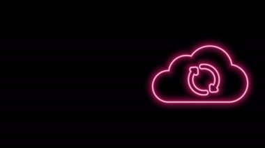 Parlayan neon hattı Bulut senkron yenileme simgesi siyah arkaplanda izole edildi. Bulut ve oklar. 4K Video hareketli grafik canlandırması