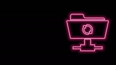 Parlayan neon hattı FTP eşzamanlama simgesi siyah arkaplanda izole edildi. Yazılım güncellemesi, transfer protokolü, yönlendirici, takım çalışması araç yönetimi, kopyalama işlemi. 4K Video hareketli grafik canlandırması