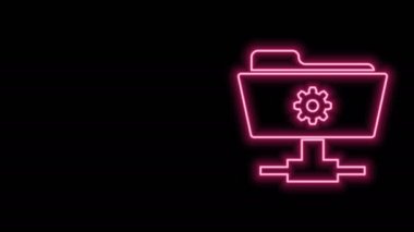 Parlayan neon hattı FTP dizin ayarları simgesi siyah arkaplanda izole edildi. Yazılım güncellemesi, transfer protokolü, yönlendirici, takım çalışması araç yönetimi, kopyalama işlemi. 4K Video hareketli grafik canlandırması