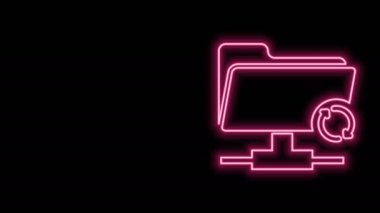 Parlayan neon hattı FTP eşzamanlama simgesi siyah arkaplanda izole edildi. Yazılım güncellemesi, transfer protokolü, yönlendirici, takım çalışması araç yönetimi, kopyalama işlemi. 4K Video hareketli grafik canlandırması