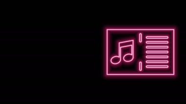 Siyah zemin üzerinde not simgesi olan parlak neon çizgisi müzik kitabı. Notalı nota kağıdı. Müzik notaları için not defteri. 4K Video hareketli grafik canlandırması