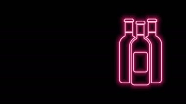 Parlayan neon çizgisi şarap şişeleri siyah arka planda izole edilmiş. 4K Video hareketli grafik canlandırması