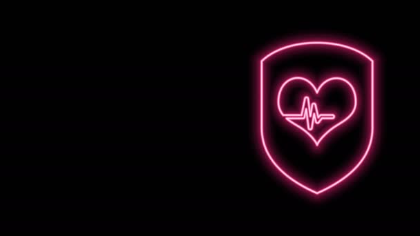 Ligne lumineuse néon Bouclier et icône de fréquence cardiaque isolés sur fond noir. Concept de protection de la santé. Soins de santé. Animation graphique de mouvement vidéo 4K — Video