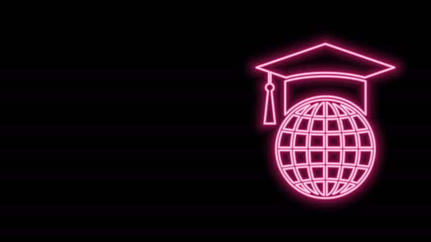 Brillante línea de neón Tapa de graduación en el icono del globo aislado sobre fondo negro. Símbolo de educación mundial. Concepto de aprendizaje en línea o aprendizaje electrónico. Animación gráfica de vídeo 4K — Vídeos de Stock