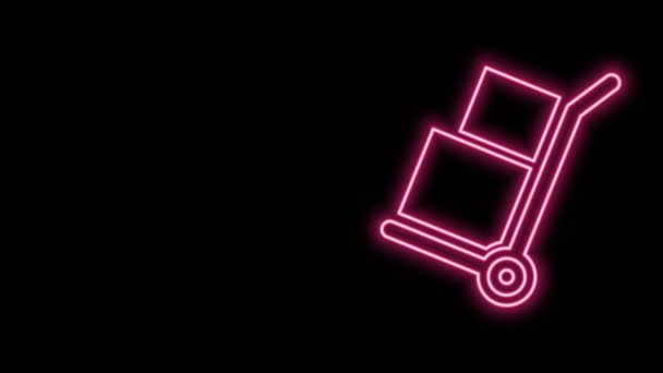 Zářící neonová čára Ruční kamion a krabice ikona izolované na černém pozadí. Symbol Dolly. Grafická animace pohybu videa 4K — Stock video