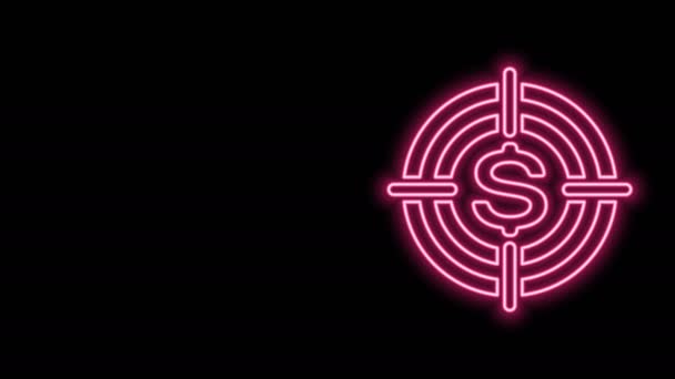 Gloeiende neon lijn Doelwit met dollar symbool pictogram geïsoleerd op zwarte achtergrond. Investeringsdoel. Succesvol zakelijk concept. Geld of geld tekenen. 4K Video motion grafische animatie — Stockvideo