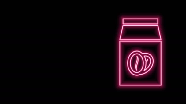 Leuchtende Neon-Linie Kaffeebohnen in Tasche Symbol isoliert auf schwarzem Hintergrund. 4K Video Motion Grafik Animation