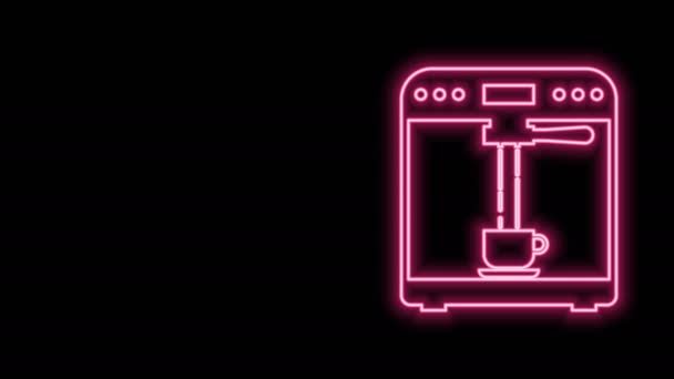 Leuchtende Neon-Linie Kaffeemaschine und Kaffeetasse Symbol isoliert auf schwarzem Hintergrund. 4K Video Motion Grafik Animation — Stockvideo