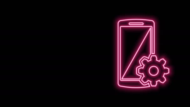 Zářící neonová čára Nastavení na ikoně chytrého telefonu izolované na černém pozadí. Mobil a výstroj. Nastavení, servis, nastavení, údržba, opravy, opravy. Grafická animace pohybu videa 4K — Stock video