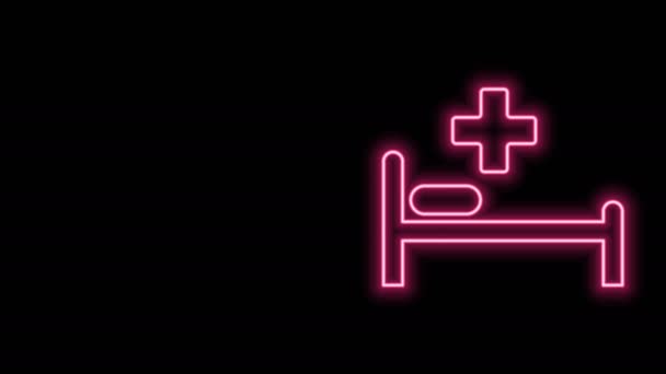 Gloeiende neon lijn Ziekenhuis bed met Medisch symbool van de Spoedeisende Hulp - Star of Life pictogram geïsoleerd op zwarte achtergrond. 4K Video motion grafische animatie — Stockvideo