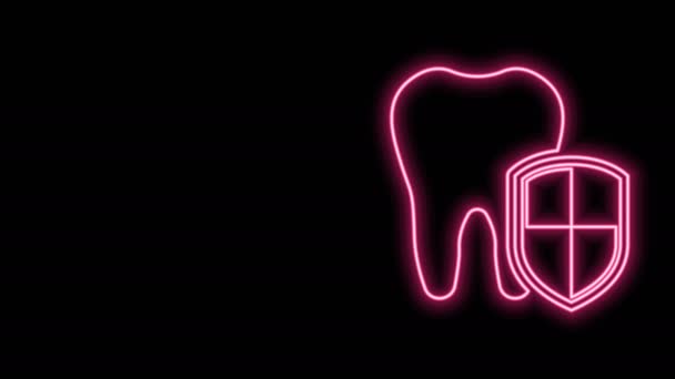 Linha de néon brilhante Ícone de proteção dental isolado no fundo preto. Dente no logótipo do escudo. Animação gráfica em movimento de vídeo 4K — Vídeo de Stock