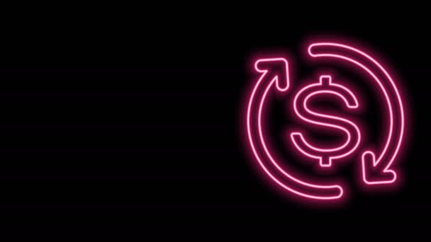 Leuchtende Neon-Linie Return of investment icon isoliert auf schwarzem Hintergrund. Geld konvertieren Symbol. Rückerstattungszeichen. Dollar-Konverter-Konzept. 4K Video Motion Grafik Animation — Stockvideo