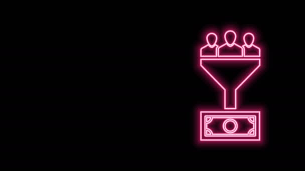 Glödande neon line Bly management ikon isolerad på svart bakgrund. Tratt med folk, pengar. Målkundens affärsidé. 4K Video motion grafisk animation — Stockvideo