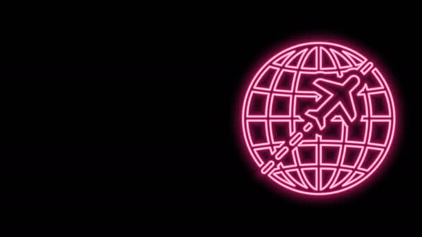 Globe linea neon incandescente con icona aereo volante isolato su sfondo nero. L'aereo vola intorno al pianeta terra. Icona del mondo aereo. Animazione grafica 4K Video motion — Video Stock