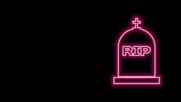 Luminoso neon linea Tombstone con RIP scritta su di esso icona isolata su sfondo nero. Icona della tomba. Animazione grafica 4K Video motion — Video Stock