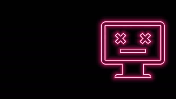 Gloeiende neon lijn Dode monitor pictogram geïsoleerd op zwarte achtergrond. 404 fout als pc met dode emoji. Fatale fout in pc-systeem. 4K Video motion grafische animatie — Stockvideo