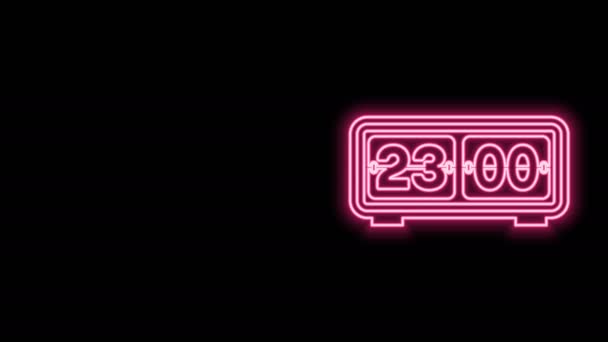 Świecąca neonowa ikona zegara Retro odizolowana na czarnym tle. Zegar ścienny, szablon licznika, wszystkie cyfry z klapkami. 4K Animacja graficzna ruchu wideo — Wideo stockowe