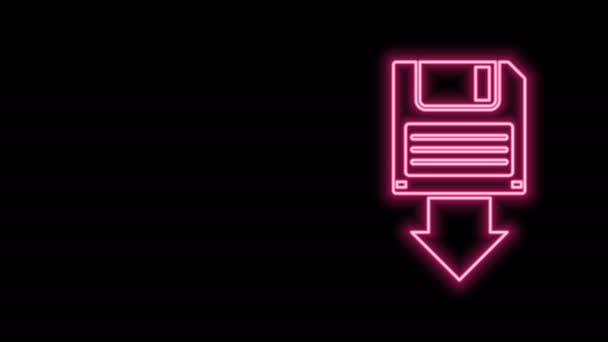 Glödande neon line diskett backup ikon isolerad på svart bakgrund. Diskettskylt. 4K Video motion grafisk animation — Stockvideo
