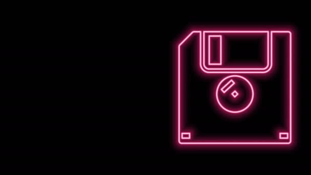 Gloeiende neon lijn Floppy disk voor computer data storage icoon geïsoleerd op zwarte achtergrond. Diskette teken. 4K Video motion grafische animatie — Stockvideo