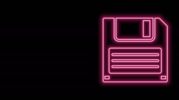 Ragyogó neon vonal Floppy lemez számítógépes adattároló ikon elszigetelt fekete alapon. Lemeztábla. 4K Videó mozgás grafikus animáció — Stock videók
