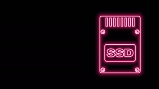 Világító neon vonal SSD kártya ikon elszigetelt fekete alapon. Szilárd állapotú meghajtó jel. Tároló lemez szimbólum. 4K Videó mozgás grafikus animáció — Stock videók