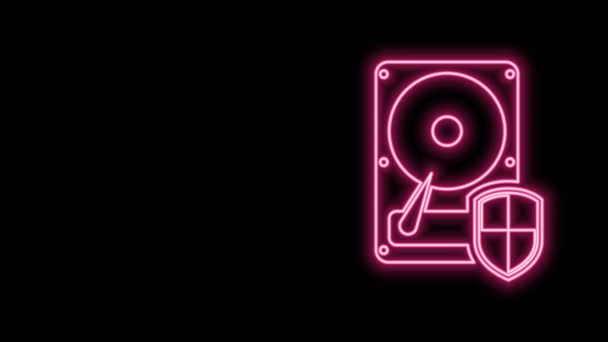 Glowing neon line Hard disk drive HDD protection icon isolated on black background. 4K Video motion graphic animation — Stock Video