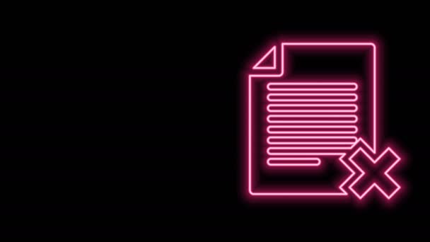 Glowing neon line Delete file document icon isolated on black background. Rejected document icon. Cross on paper. 4K Video motion graphic animation — Stock Video