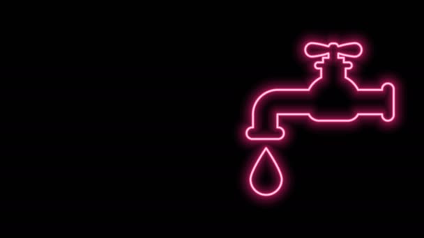ネオンラインを輝く黒い背景に孤立した落下する水滴アイコンで水道水をタップします。4Kビデオモーショングラフィックアニメーション — ストック動画