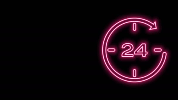 Glödande neon linje Klocka 24 timmar ikon isolerad på svart bakgrund. Hela dagen cyklisk ikon. 24 timmars tjänstgöringssymbol. 4K Video motion grafisk animation — Stockvideo