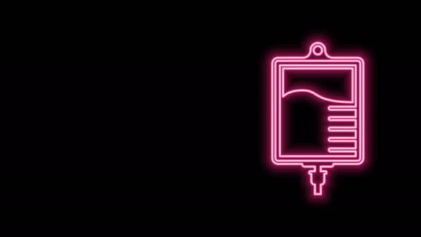 Świecąca neonowa ikona worka IV na czarnym tle. Ikona worka krwi. Ofiarować koncepcję krwi. Koncepcja leczenia i terapii, chemioterapii. 4K Animacja graficzna ruchu wideo — Wideo stockowe