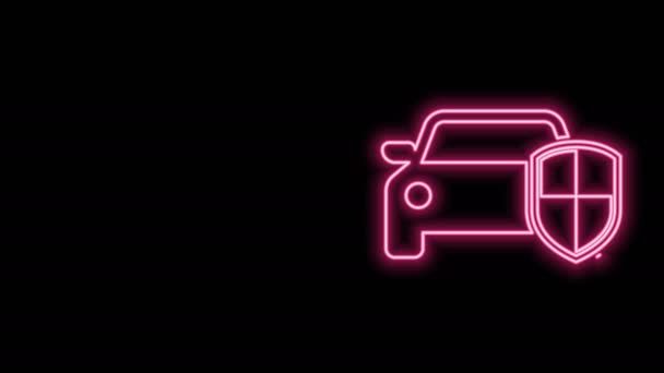Świecąca neon linia Ochrona samochodu lub ikona ubezpieczenia izolowane na czarnym tle. Chronić osłonę samochodu. Ikona samochodu z odznaką bezpieczeństwa. Oznakowanie bezpieczeństwa. 4K Animacja graficzna ruchu wideo — Wideo stockowe