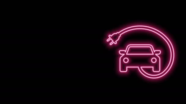 Świecąca neonowa linia Samochód elektryczny i ikona ładowania kabla elektrycznego izolowana na czarnym tle. Ekologiczne technologie odnawialne. 4K Animacja graficzna ruchu wideo — Wideo stockowe