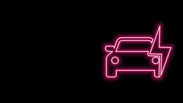 Świecąca neonowa linia Samochód elektryczny i ikona ładowania kabla elektrycznego izolowana na czarnym tle. Ekologiczne technologie odnawialne. 4K Animacja graficzna ruchu wideo — Wideo stockowe
