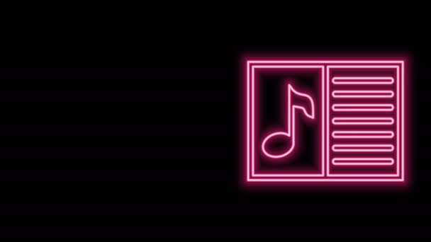 Linea luminosa al neon Libro musicale con icona della nota isolata su sfondo nero. Spartiti musicali con pentagramma. Quaderno per note musicali. Animazione grafica 4K Video motion — Video Stock