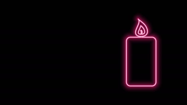 发光的霓虹灯线燃烧的蜡烛图标孤立在黑色的背景.老式点燃的蜡烛。圆柱形芳香的蜡烛和燃烧的火焰粘在一起.4K视频运动图形动画 — 图库视频影像