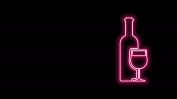 Glödande neon line Vinflaska med vin glas ikon isolerad på svart bakgrund. 4K Video motion grafisk animation — Stockvideo