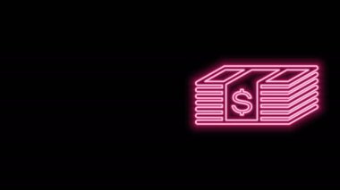 Parlak neon hattı kağıt para Amerikan doları nakit para ikonu siyah arka planda izole. Para banknotları dolar simgesiyle istiflenir. Para birimi. 4K Video hareketli grafik canlandırması