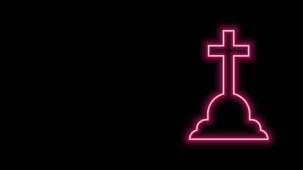 Gloeiende neon lijn Tombstone met kruis pictogram geïsoleerd op zwarte achtergrond. Graficoon. 4K Video motion grafische animatie — Stockvideo