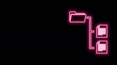 Parlayan neon hattı Dizin ağacı simgesi siyah arkaplanda izole edildi. Bilgisayar ağı dosya dizini yapı akış şeması. 4K Video hareketli grafik canlandırması