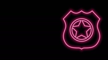 Parlayan neon hattı polis rozeti ikonu siyah arka planda izole edildi. Şerif rozeti. 4K Video hareketli grafik canlandırması