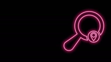 Parlayan neon hattı arama konumu simgesi siyah arkaplanda izole edildi. İşaretli büyüteç. 4K Video hareketli grafik canlandırması