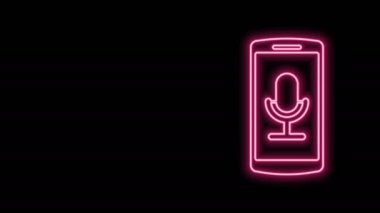 Parlayan neon hattı mobil kayıt simgesi siyah arkaplanda izole edildi. Mikrofonlu cep telefonu. Ses kaydedici uygulama akıllı telefon arayüzü. 4K Video hareketli grafik canlandırması
