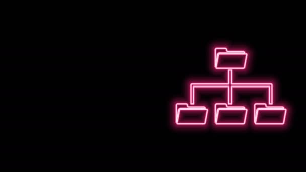 Icono de árbol de carpetas de línea de neón brillante aislado sobre fondo negro. Organigrama de la estructura de la carpeta de archivos de red informática. Animación gráfica de vídeo 4K — Vídeo de stock