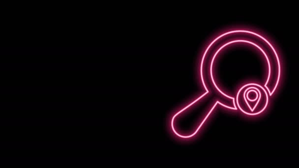 검은 배경에서 고립된 네온 라인 검색 아이콘. 유리잔에 포인터 사인을 달아 놓고. 4K 비디오 모션 그래픽 애니메이션 — 비디오
