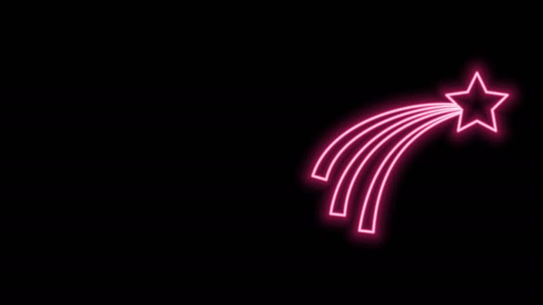 Gloeiende neon lijn Vallende ster pictogram geïsoleerd op zwarte achtergrond. Schietende ster met sterrenspoor. Meteoroïde, meteoriet, komeet, asteroïde, sterrenbeeld. 4K Video motion grafische animatie — Stockvideo